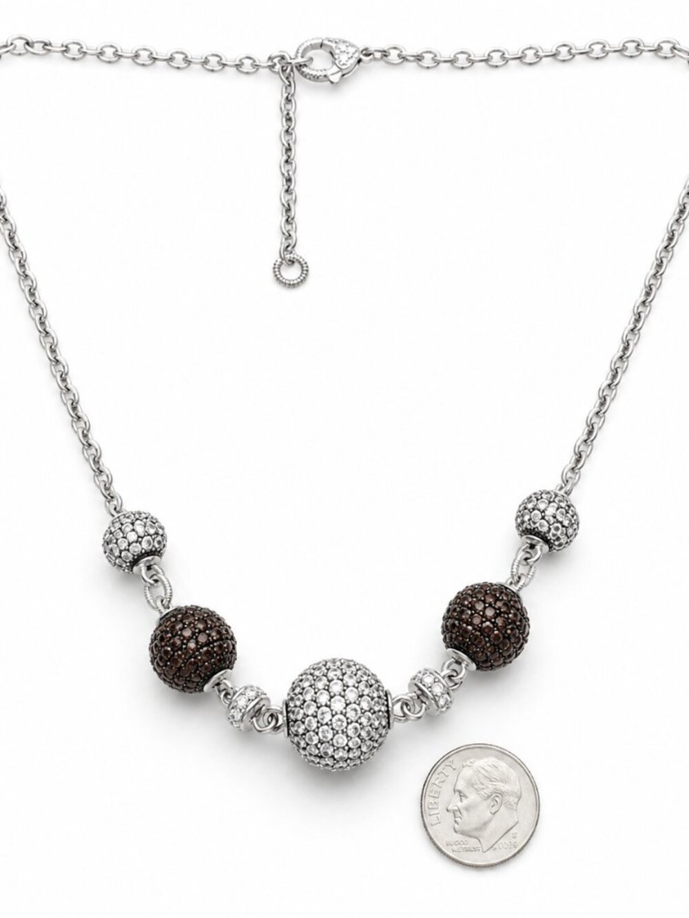 Judith Ripka Sterling Silver White & Brown Pave CZ Stones Ball Chain Necklace - Picture 6 of 7